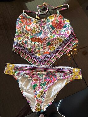 Trina Turk Multi-Color Paisley Floral Halter Bikini with Gold Buckles